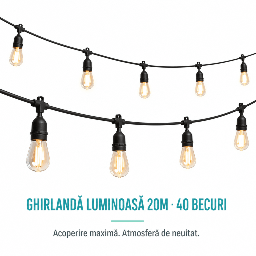 Ghirlandă Luminoasă Edison 20 Metri cu 40 Becuri pentru Spații Ample 3
