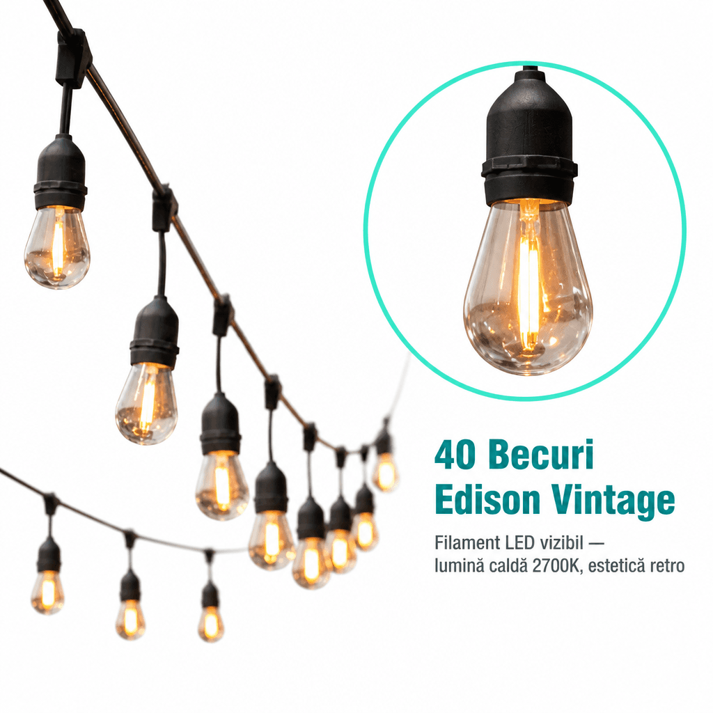 Ghirlandă Luminoasă Edison 20 Metri cu 40 Becuri pentru Spații Ample 4