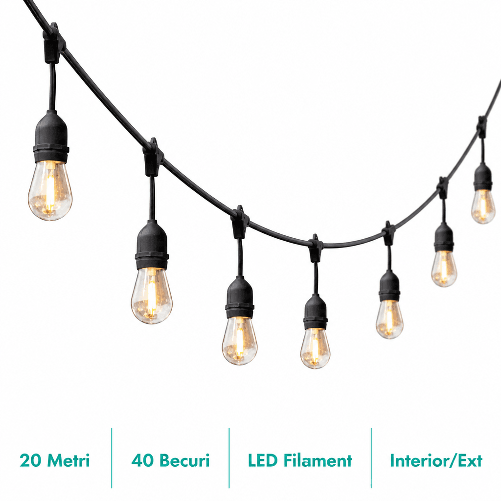 Ghirlandă Luminoasă Edison 20 Metri cu 40 Becuri pentru Spații Ample 5