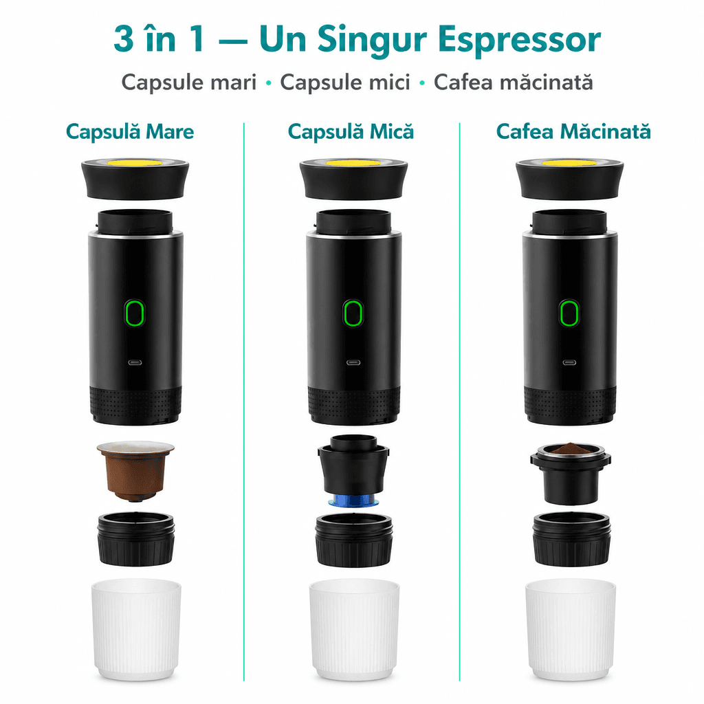 Espressor Portabil 3în1 Capsule Nespresso Mari Mici și Cafea Măcinată 3