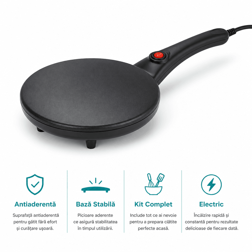 Tigaie Electrică pentru Clătite Antiaderentă Kit Bol Ceramic și Tel Inox 5