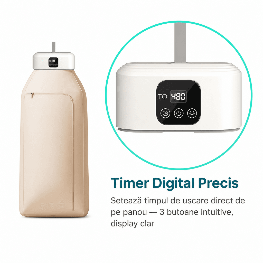 Uscător de Rufe Portabil Pliabil 600W cu Timer Digital și Telecomandă 4