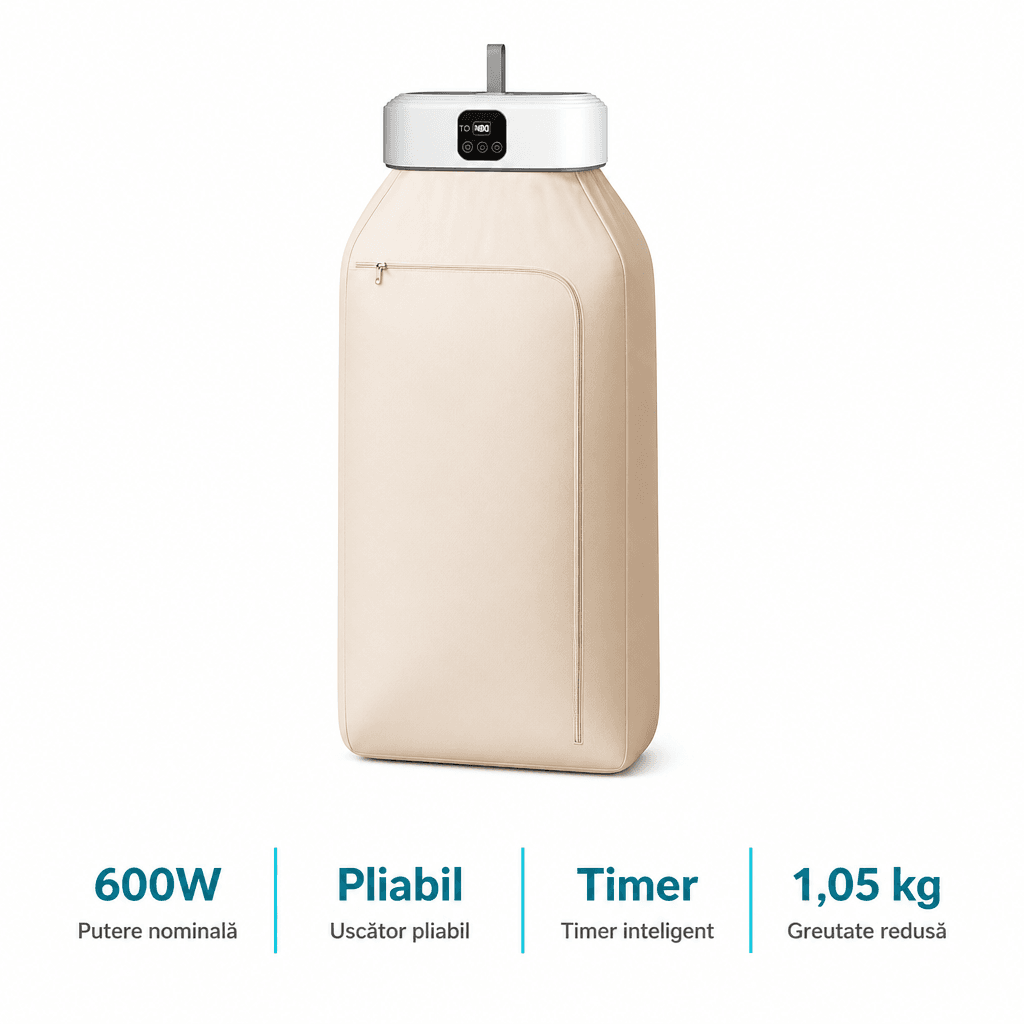 Uscător de Rufe Portabil Pliabil 600W cu Timer Digital și Telecomandă 5