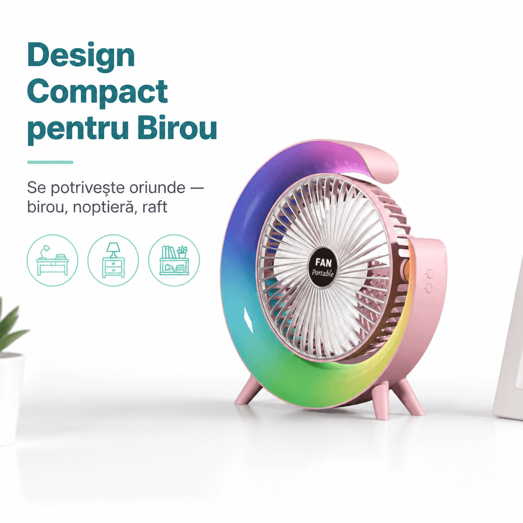 Mini Ventilator de Birou USB cu LED RGB și Motor Silențios 5