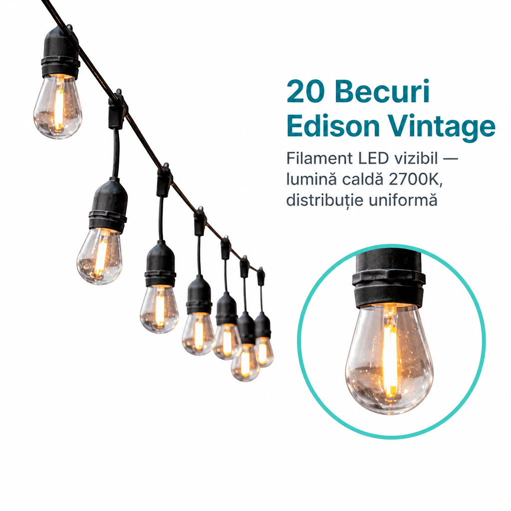 Ghirlandă Luminoasă Edison 10 Metri cu 20 Becuri Vintage Distribuție Densă 2