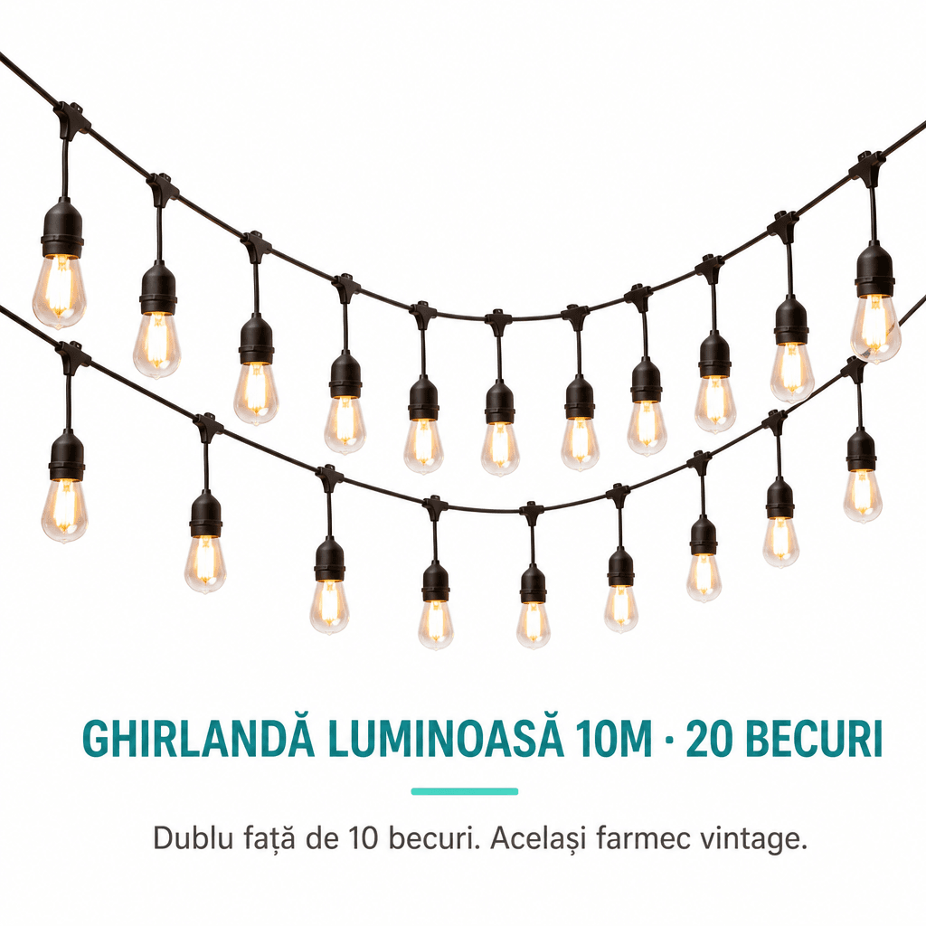 Ghirlandă Luminoasă Edison 10 Metri cu 20 Becuri Vintage Distribuție Densă 4