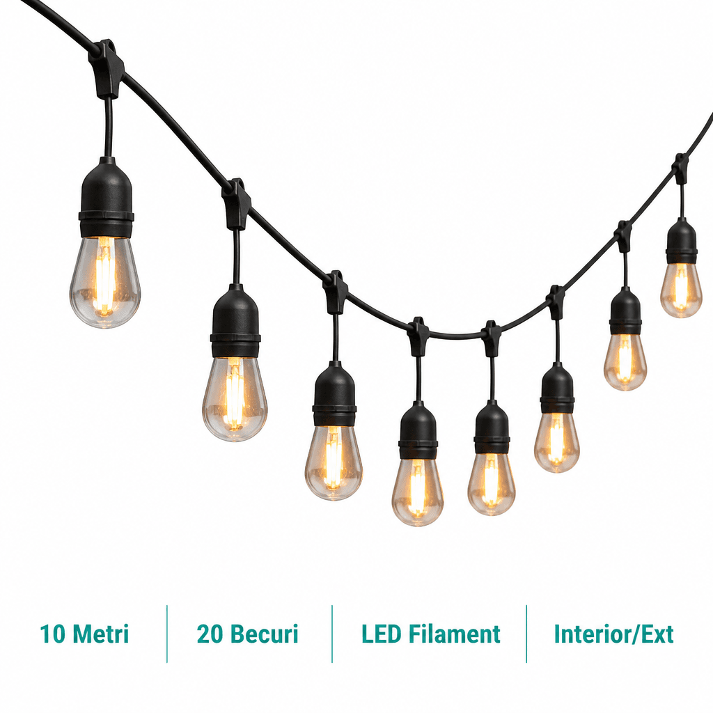Ghirlandă Luminoasă Edison 10 Metri cu 20 Becuri Vintage Distribuție Densă 5